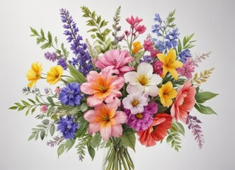 Vibrant watercolor spring bouquet, colorful flowers on white ,  bloom,  botanical illustration,  macro