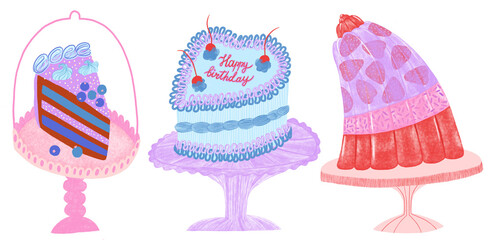 Colorful cakes and jelly pudding on a stand