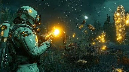 Fototapeta premium Astronaut fires weapon on alien planet. Submerged alien structures glow in the night
