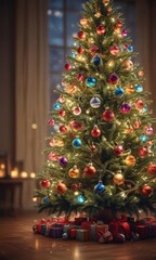 A glowing Christmas tree with colorful ornaments and dreamy light bokeh ,  festive background,  colorful,  blurred