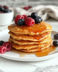 Delicious Stack of Fluffy Pancakes Topped with Fresh Berries and Maple Syrup on White Plate