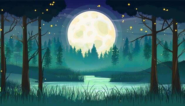 Swamp forest, Cartoon night marsh landscape with trees bog grass fireflies moon vector illustration