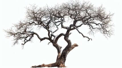 Isolated, leafless, gnarled tree against a plain background.