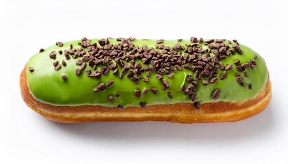 Long John Matcha Donut with Chocolate Sprinkles on White Background Isolated