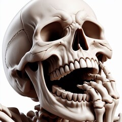 A dramatic, close-up digital rendering of a human skull with bone hands framing the open jaw