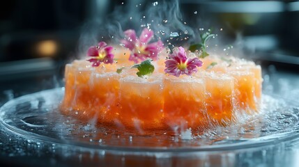 Orange gelatin dessert featuring cubes, floral accents, and rising steam, on a clear plate, displayed beautifully, on a transparent background, PNG image, PNG file.
