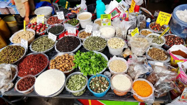 colorful spices and ingredients displayed at an outdoor market stall for sale