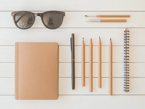 Flatlay of Designer Tools and Inspiration on White Wooden Desk