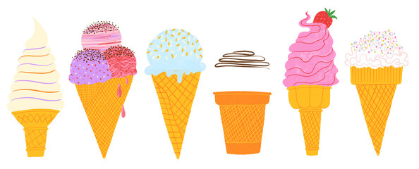 Set of colorful isolated ice cream cones