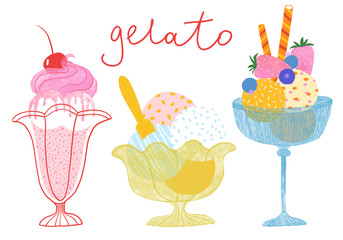 Set of colorful isolated ice cream in bowls