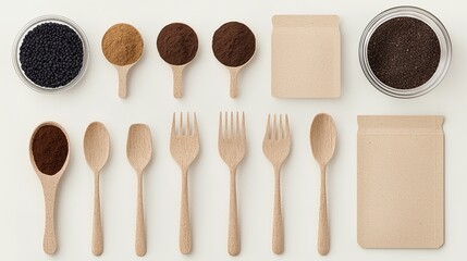 Flatlay of Eco-Friendly Packaging Mockup with Wooden Spoons and Forks