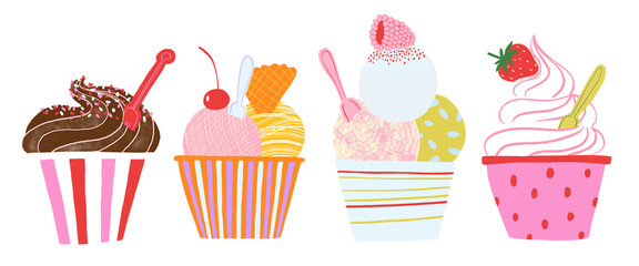 Set of colorful isolated ice cream in cups