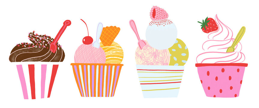 Set of colorful isolated ice cream in cups