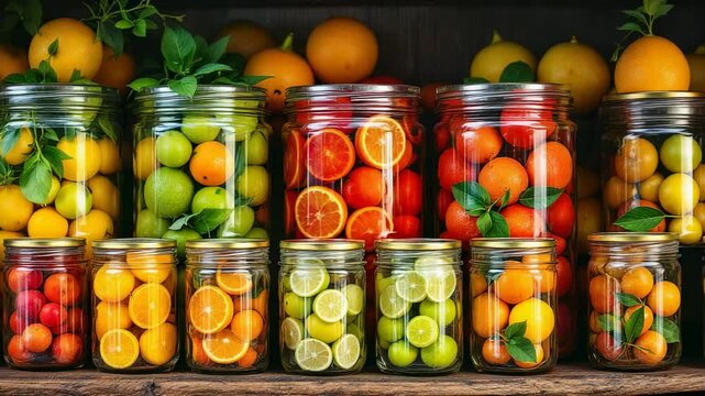 rows of glass jars filled with various citrus fruits arranged on wooden shelves with greenery