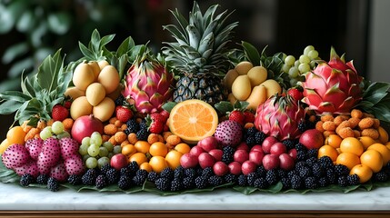 Abundant display showcases ripe pineapple, dragon fruit, and an assortment of colorful fresh fruits on a marble surface on a transparent background, PNG image, PNG file.