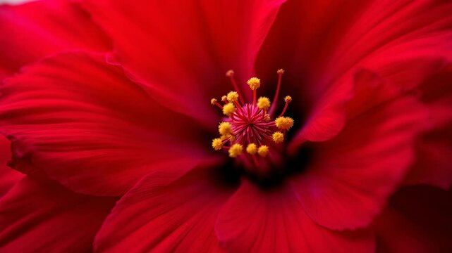 close-up of a vibrant red hibiscus flower with bright yellow stamen, a beautiful floral composition