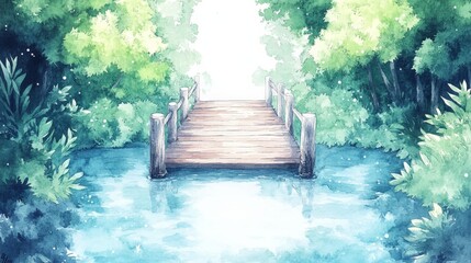 Watercolor Painting of Rope Bridge through Lush Forest