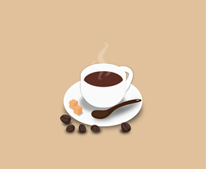 Hot Coffee Cup with Spoon, Sugar Cubes, and Coffee Beans – Vector Illustration