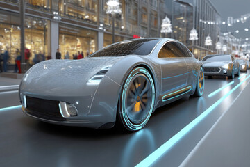 Naklejka premium A sleek, futuristic electric car drives through a brightly lit city street at night, highlighting modern automotive innovation.