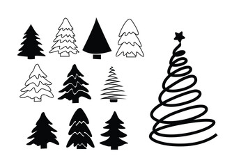 Set of Christmas Tree Icons and Spiral Tree Silhouette – Holiday Vector Collection