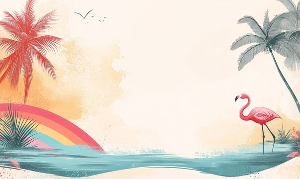 The summer party concept design features a minimalist and modern style, with clean lines and simple elements, all set against a colorful summer background that showcases illustrations of palm trees,