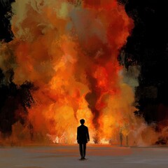 A solitary figure confronts a fiery, abstract scene.