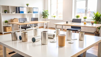 Modern Office Workspace with Metal Containers and a Coffee Cup Clean bright and minimalist design