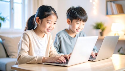 Happy Asian children using laptops for online learning at home Smiling siblings enjoy technology