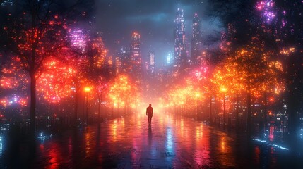 Fototapeta premium Person walking alone on luminous street with glowing trees, urban skyline and reflections, atmospheric night scene on a transparent background, PNG image, PNG file.