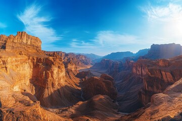 Canyon landscape, golden hour sunlight
