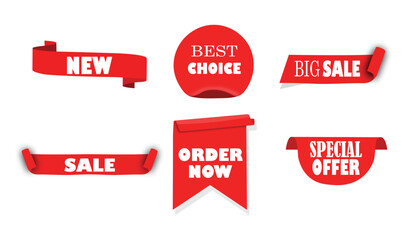 Red Ribbon Labels with Sale and Offer Text for Promotions