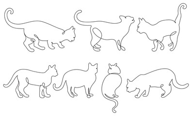 Cats Set in Continuous One Line Drawing Style. Creative Outline Cat Icons Set. Cats Minimalist Contour Art.