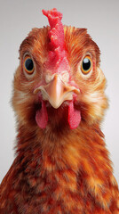Fototapeta premium Chicken Close-up: A captivating portrait of a chicken, its keen eyes and vibrant red comb standing out against a backdrop of intricate feather texture.