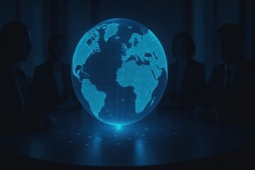 Global Strategy: Business professionals gather around a digital map of the world, Digital globe projection in a dark conference room with silhouettes of people around a table.