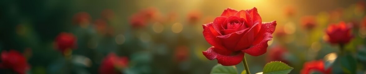 Single red rose, glistening raindrops, spring morning light, flower, drops