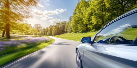 Car moving on a road through blooming countryside in sunny day. Freedom and adventure concept.