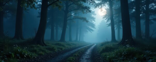 Ancient woodland, silvered by moonlight, dense fog shrouds path, mystery, woods