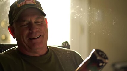 Finally at home. Happy man veteran with disability sitting in wheelchair, enjoying return from war - Powered by Adobe