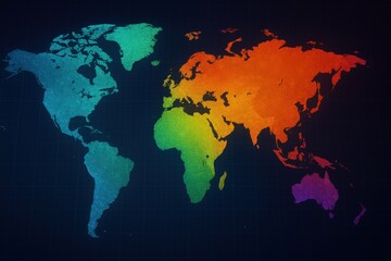 Naklejka premium Global Strategy: Business professionals gather around a digital map of the world, Colorful world map illustration with vibrant regions and grid background.