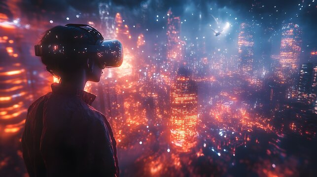 Woman with virtual reality headset looks toward glowing cityscape, futuristic exploration and digital immersion experience in urban environment. on a transparent background, PNG image, PNG file.