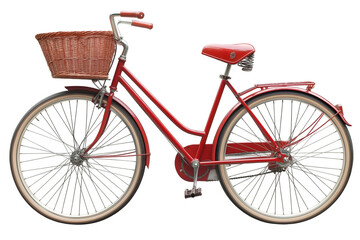 Red Bicycle with Basket Isolated on White Background for Transportation