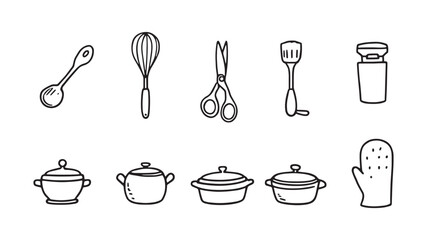 Cooking Kitchen Tools line art drawing of kitchen equipment set