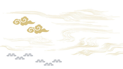 Japanese background with hand drawn gold line wave element vector. Abstract art natural pattern with ocean sea with Chinese cloud decoration banner design in vintage style. Marine template.
