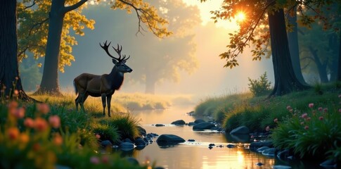 Misty morning, majestic deer by stream, vibrant foliage , golden, forest