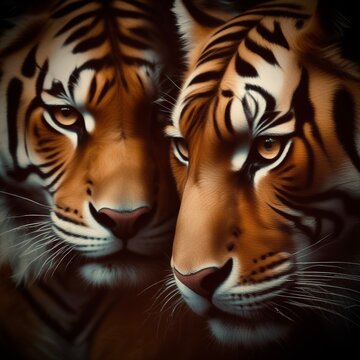 2 tigers faces in a mirage image