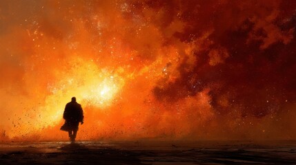Fototapeta premium Silhouetted figure walking towards a fiery celestial event.
