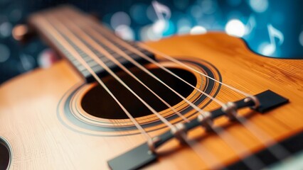 Fototapeta premium A close-up of an acoustic guitar against a background of out-of-focus lights and notes. Warm tones and wooden texture create a cozy atmosphere. Musical mood, style and harmony.