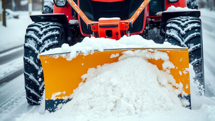 A close-up of a snowplow tractor clearing a snow-covered street. A metal shovel confidently cuts through the snow mass. The scene emphasizes the power and efficiency of winter equipment.