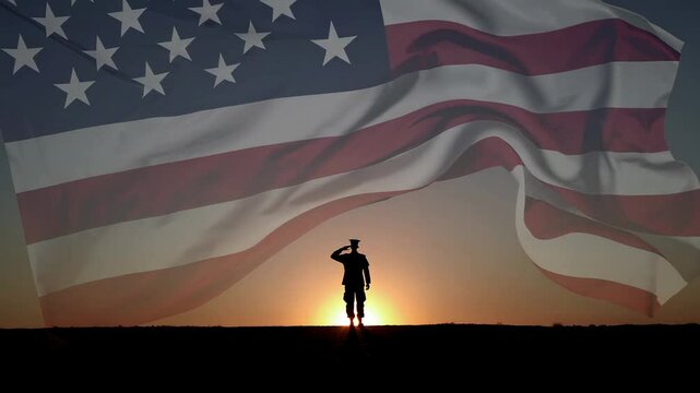 Patriotic sunset scene features silhouette of soldier saluting with large american flag waving majestically in background, symbolizing honor, duty, and sacrifice