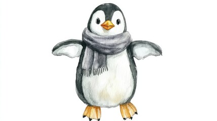 Fototapeta premium Cute Penguin in Winter Scarf Watercolor Illustration.